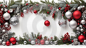Extra wide Christmas border with hanging garland of fir branches, red and silver baubles, pine cones and other ornaments