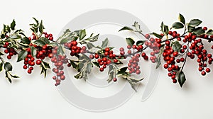 Extra wide Christmas border with hanging garland of fir branches, red and silver baubles, isolated on white
