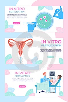 Extracorporeal in vitro fertilization, medical website landing banner, ivf modern technology to helping pregnancy flat photo