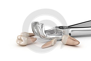 Extraction forceps and teeth, concept 3D illustration