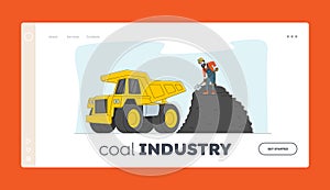 Extraction Industry Landing Page Template. Miner Character Loading Coal to Truck. Quarry Transport and Technique