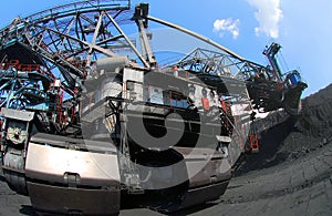 Extraction of minerals. Bucket wheel excavator in a coal mine.