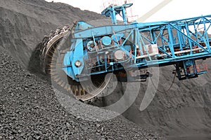 Extraction of minerals. Bucket wheel excavator in a coal mine.