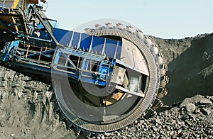 Extraction of minerals. Bucket wheel excavator in a coal mine.