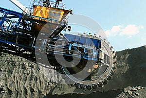 Extraction of minerals. Bucket wheel excavator in a coal mine.