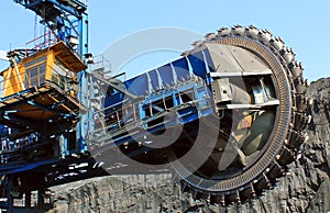 Extraction of minerals. Bucket wheel excavator in a coal mine.