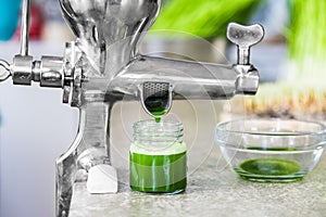 Extraction of Wheatgrass in Action on the Kitchen Countertop using a Manual Juicer