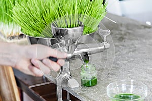 Extraction of Wheatgrass in Action on the Kitchen Countertop using a Manual Juicer