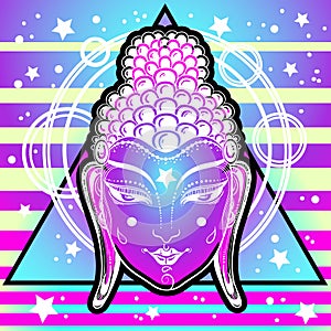 Extraordinary Buddha face in neon colors over sacred geometry and cosmic vibrant background. Enlightenment, transformation. photo