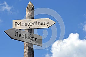Extraordinary or mediocre - wooden signpost with two arrows photo