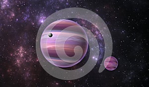 Extrasolar planet. Gas extrasolar planet with moon on background nebula photo