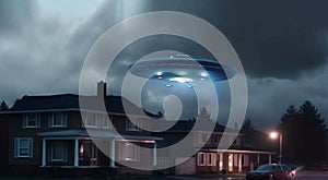 extraterrestrial aliens spaceship fly above small town. ufo in dark stormy sky