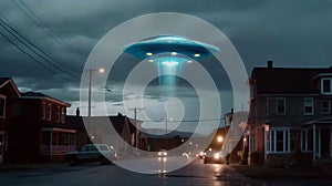 extraterrestrial aliens spaceship fly above small town. ufo in dark stormy sky