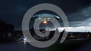 extraterrestrial aliens spaceship fly above small town. ufo in dark stormy sky