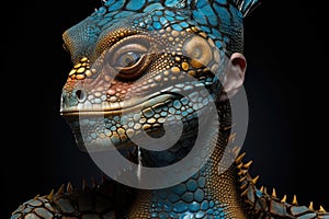 Extraterrestrial biological creature portrait, alien reptilian on black background. Generative ai