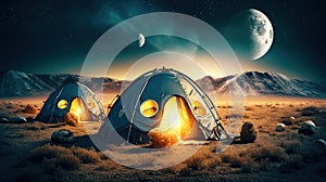 Extraterrestrial camping tents with cozy glowing lights, alien camping. Generative AI