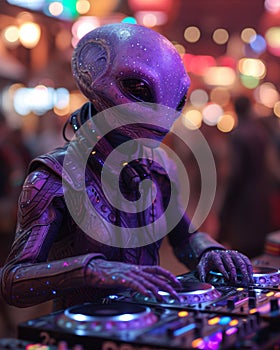 An extraterrestrial DJ spinning tracks at the DJ booth.