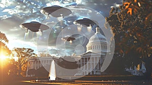 Extraterrestrial Flying Saucers Hovering Above Capitol Building