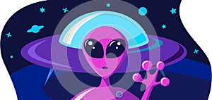 Extraterrestrial greets welcome hand concept. Invitation card on a space theme with a portrait of a purple alien and flying saucer