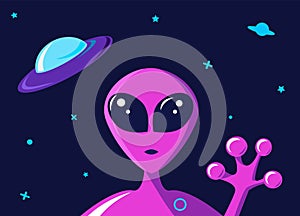 Extraterrestrial humanoid character waves his hand against the background of a flying saucer. Spaceship above the alien head.