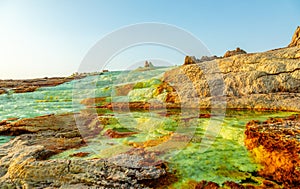 Extraterrestrial landscape with toxic lakes and sulphur minerals, Danakil Depression desert, Afar region, Ethiopia photo