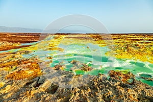 Extraterrestrial landscape with toxic lakes and sulphur minerals, Danakil Depression desert, Afar region, Ethiopia photo