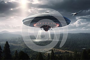 Extraterrestrial ship flying over earth during daytime