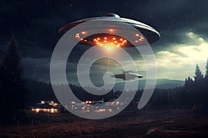 Extraterrestrial ship flying over earth during night time or dusk