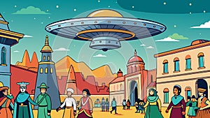 Extraterrestrial Spaceship Visiting Ancient Earth Civilization Illustration photo
