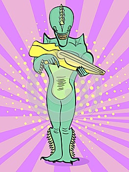 Extraterrestrials in fiction. Pop art background, retro, vintage. The alien is green