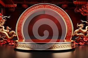 Extravagant 3D rendering Round stage podium, Chinese festivals, red gold theme