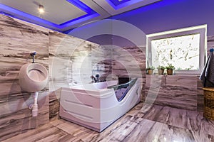 Extravagant bathroom with urinal, hot tub