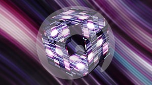 An extravagant cube artifact, mysterious Pandora's box. Motion. 3D opening glowing digital box on striped shimmering