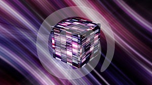 An extravagant cube artifact, mysterious Pandora's box. Motion. 3D opening glowing digital box on striped shimmering