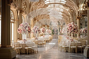 Extravagant Floral Splendor: Vibrant Roses and Orchids on Gold Pedestals in Lavish Ballroom