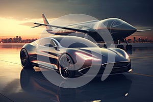 Extravagant Luxury car private jet. Generate Ai