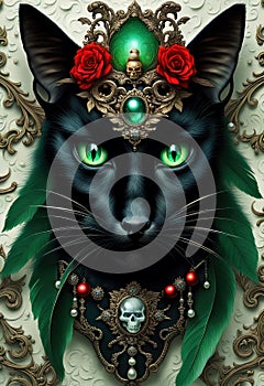 Extravagant ornate Halloween black cat portrait