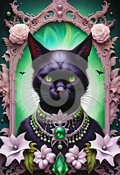 Extravagant ornate Halloween black cat portrait