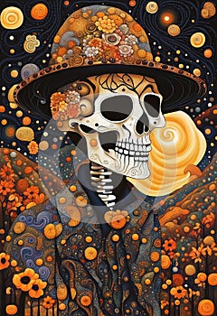 Extravagant ornate Halloween skeleton portrait illustration