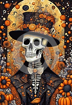 Extravagant ornate Halloween skeleton portrait illustration