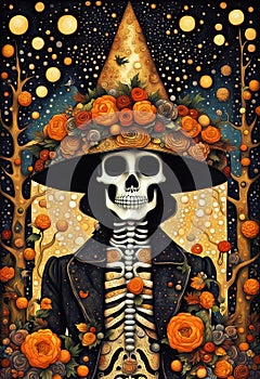 Extravagant ornate Halloween skeleton portrait illustration