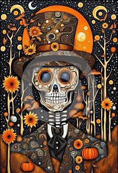 Extravagant ornate Halloween skeleton portrait illustration