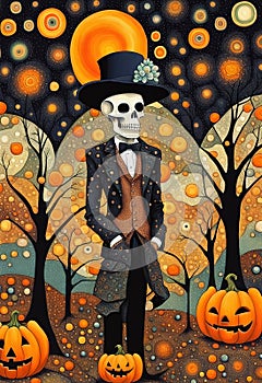 Extravagant ornate Halloween skeleton portrait illustration