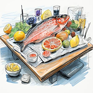 Extravagant Watercolor Illustration Of Citrus-garnished Fish