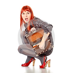 Extravagant Woman With Suitcase Screams