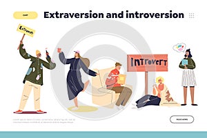 Extraversion and introversion concept of landing page with people extraverts and introverts photo