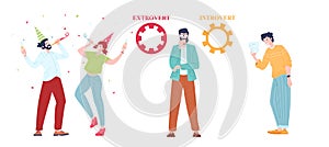 Extraversion and introversion people comparison in communication, flat vector illustration