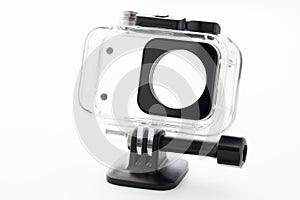 Extreme action camera waterproof aqua-box isolated on a white background. Camera for footage 4k movies, sports and domestic life.