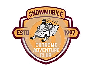 Extreme adventure club. Emblem with snowmobile. Design element for logo, label, emblem, sign.