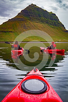 Extreme adventure sport, Iceland kayaking, paddling on kayak, ou